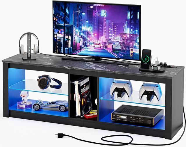 Bestier Gaming Entertainment Center Tv Stand With Led Lights & Power Outlet  For Tvs Up To 60", Black Marble – Newegg With Regard To Led Tv Stands With Outlet (View 9 of 15)