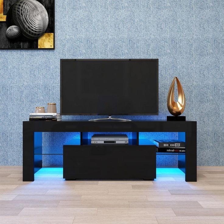 Black Tv Stand With Led Rgb Lights, Flat Screen Tv Cabinet, Gaming Consoles  For Lounge Room, Living Room And Bedroom, Black 51.2''x13.8''x17.7'' –  Walmart | Led Tv Stand, Tv Stand With Led For Rgb Entertainment Centers Black (Photo 12 of 15)