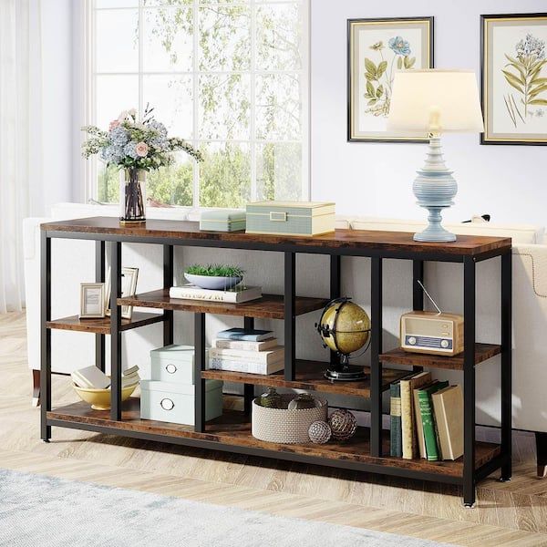 Byblight Turrella 70.9 In. Brown 35.8 In. Height Rectangle Wood Console,  Sofa Extra Long Behind Couch Table With 3 Shelf Bb Jw0314xf – The Home Depot Inside Asymmetrical Console Table Book Stands (Photo 15 of 15)