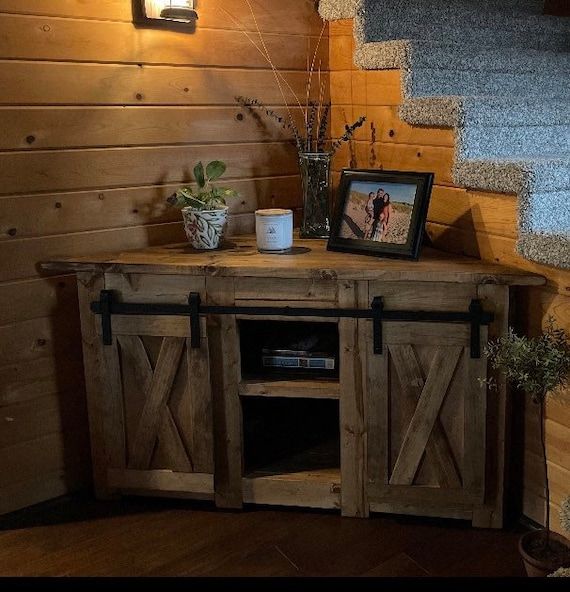 Corner Tv Stand / Farmhouse Style Corner Unit With Barn Door Slider /  Rustic Corner Media Center/ Tv Console / Entertainment Stand – Etsy Intended For Barn Door Media Tv Stands (View 10 of 15)