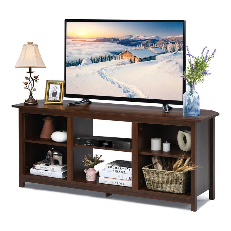 Costway 2 Tier Tv Stand Entertainment Center For Tv's Up To 65" In Coffee With Tier Stands For Tvs (View 12 of 15)