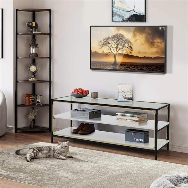 Costway 47 In. 3 Tier White Tv Stand With Shelves Tempered Glass Top Fits  Tv's Up To 50 In (View 8 of 15)