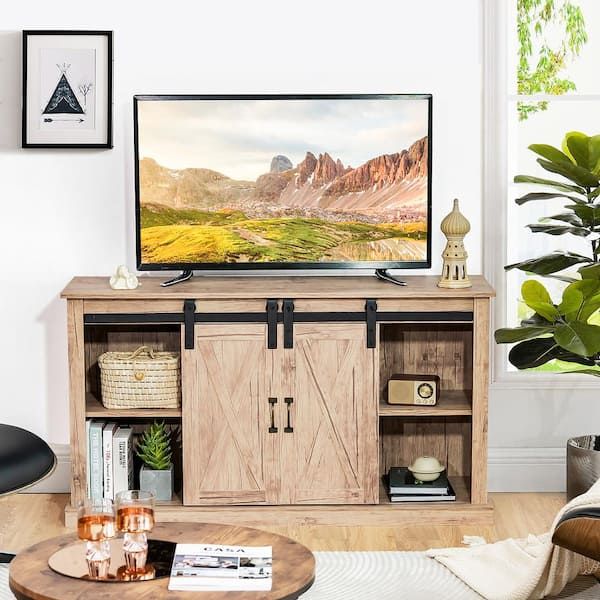 Costway 55 In. Sliding Barn Door Tv Stand Entertainment Media Console Fits  Tv's Up To 65 In. With Adjustable Shelf Hv10086na – The Home Depot In Barn Door Media Tv Stands (Photo 1 of 15)