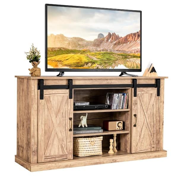Costway 55 In. Sliding Barn Door Tv Stand Entertainment Media Console Fits  Tv's Up To 65 In (View 2 of 15)