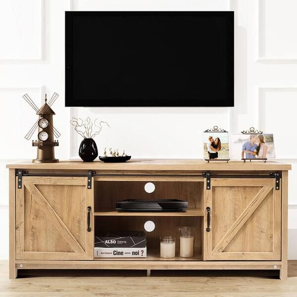 Costway 58 In. W Rustic Oak Tv Stand Media Center Console Cabinet Sliding  Barn Door For Tv's 60 In (View 3 of 15)