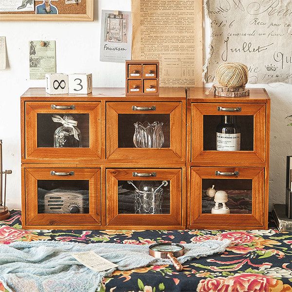 Desktop Storage Cabinet – Wood – Glass – 2 Drawers – Vintage – Apollobox With Wood Cabinet With Drawers (View 11 of 15)