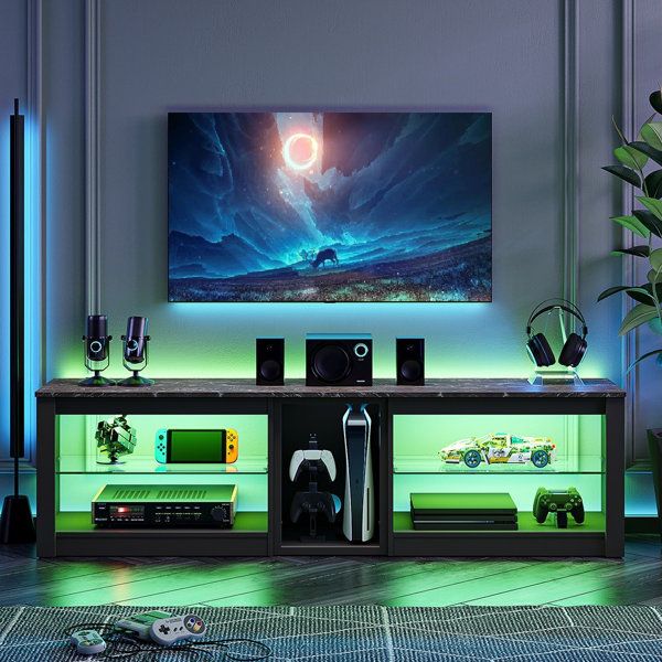 Ebern Designs Jacobina Tv Stand For Tvs Up To 70 Inch, Gaming Entertainment  Center For Ps5, Led Tv Cabinet With Power Outlet & Glass Shelves & Reviews  | Wayfair Inside Led Tv Stands With Outlet (Photo 1 of 15)
