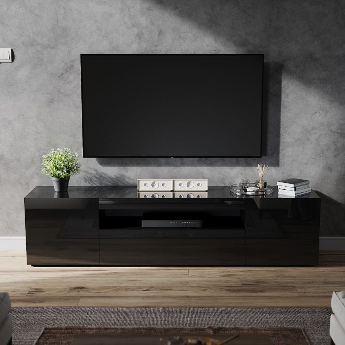 Elegant 200cm High Gloss Tv Stand Black Cabinet Unit Doors Storage With Rgb  Led Cupboard Regarding Black Rgb Entertainment Centers (View 7 of 15)