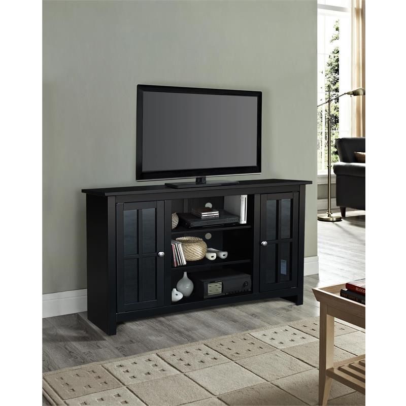 Entertainment/tv Stand With Open Shelves And 2 Doors In Black – 48" Height  | Bushfurniturecollection Intended For Tv Stands With 2 Doors And 2 Open Shelves (Photo 3 of 15)