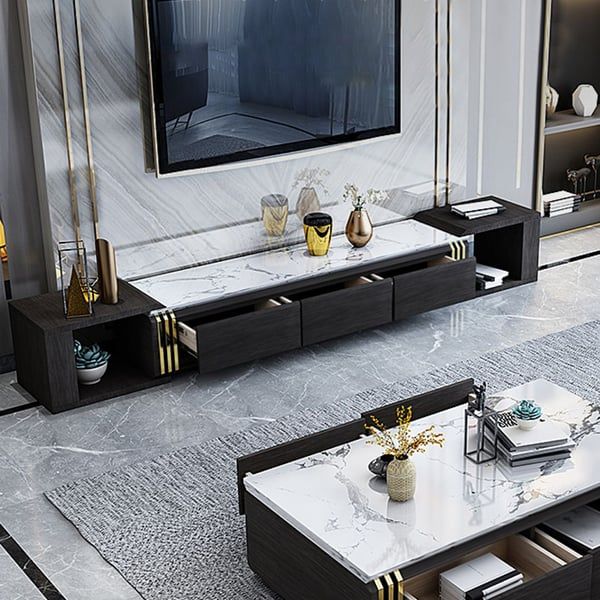 Extendable Stainless Steel Black Tv Stand Faux Marble Top 3 Drawer Media  Console | Homary Uk With Regard To Black Marble Tv Stands (Photo 12 of 15)