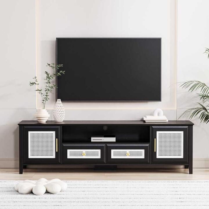 Farmhouse Rattan Tv Stand For Tvs Up To 65", Boho Style Entertainment  Center With Gold Metal Handles, Modern Tv Console Table With Drawers And  Cabinets For Living Room | Shein Usa Regarding Farmhouse Rattan Tv Stands (View 10 of 15)