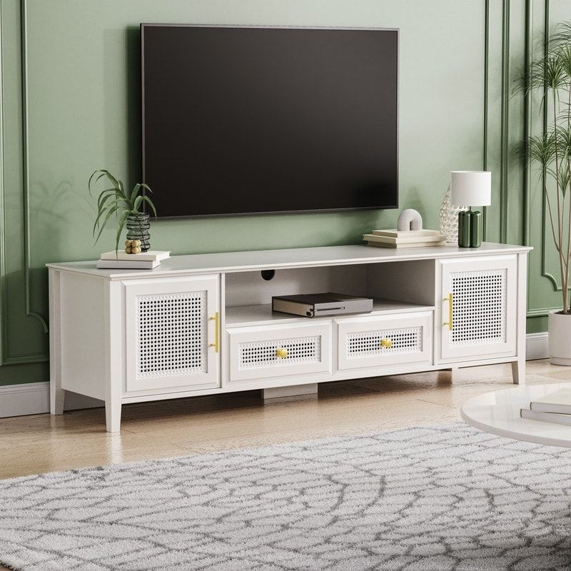Farmhouse Rattan Tv Stand, Modern Tv Console Table With Drawers And Cabinets  Boho Entertainment Center Tv Cabinet – Bed Bath & Beyond – 37836651 Intended For Farmhouse Rattan Tv Stands (Photo 4 of 15)