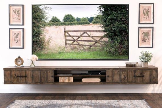 Farmhouse Rustic Wood Floating Tv Stand Entertainment Center Spice – Etsy Intended For Farmhouse Stands With Shelves (Photo 13 of 15)