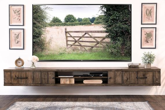 Farmhouse Rustic Wood Floating Tv Stand Entertainment Center Spice – Etsy With Regard To Farmhouse Stands For Tvs (Photo 7 of 15)