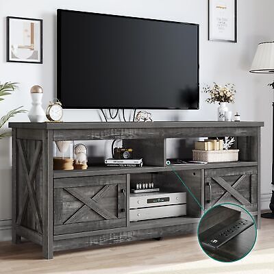 Farmhouse Tv Stand For 65 In With Power Outlet Media Console W/ Storage  Cabinet | Ebay Intended For Farmhouse Stands With Shelves (Photo 7 of 15)