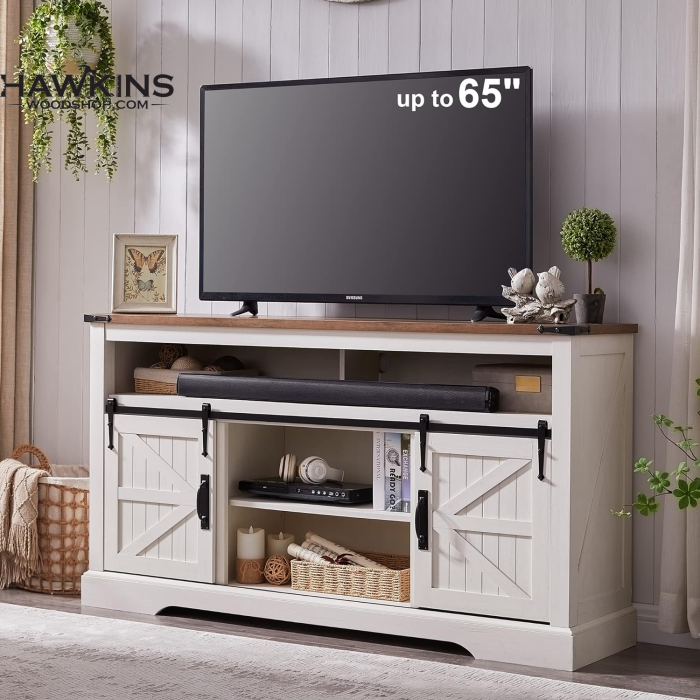 Farmhouse Tv Stand For 65+ Inch Tv, 33″ Tall Highboy Entertainment Center  W/sliding Barn Door, Rustic Media Console W/storage Shelves, Wood  Television Stand For Living Room, Antique White – Built To Order, For Farmhouse Stands With Shelves (Photo 6 of 15)