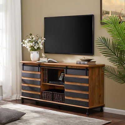 Farmhouse Tv Stand For Tvs Up To 65 Inches, Wood Media Entertainment Center  With Storage Cabinet For Living Room, Black & Brown – Yahoo Shopping Within Farmhouse Media Entertainment Centers (View 13 of 15)