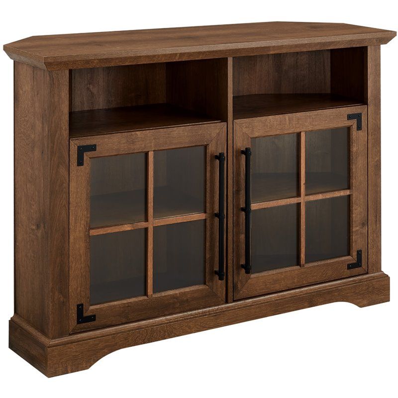 Farmhouse Window Pane Door Corner Tv Stand For Tvs Up To 50" In Natural  Walnut | Bushfurniturecollection Throughout Farmhouse Stands For Tvs (View 14 of 15)