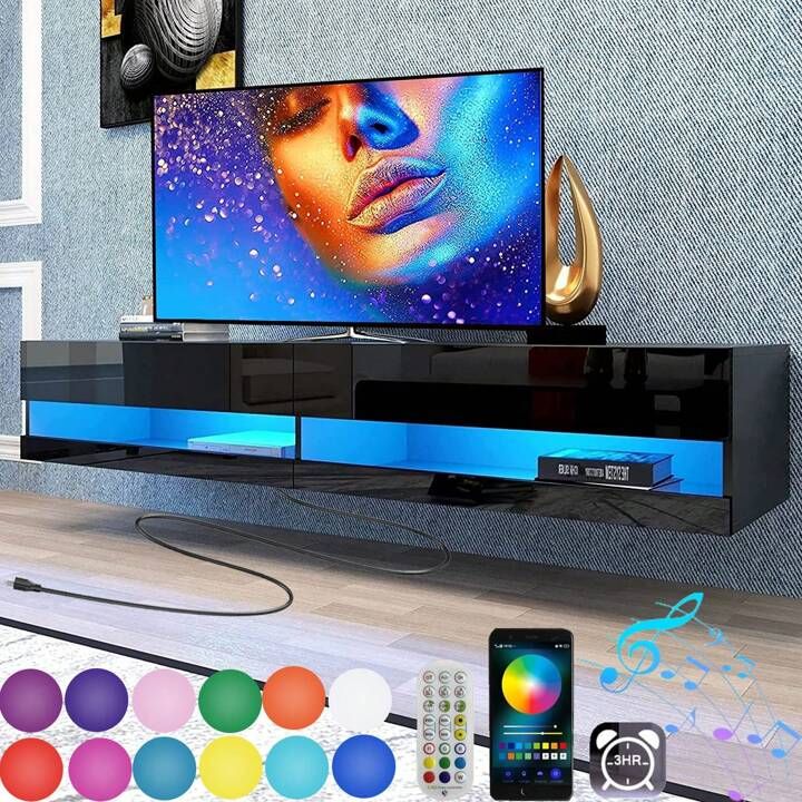 Floating Tv Stand Wall Mounted With Led Lights And Power Outlets, 71''  Modern High Gloss Entertainment Center For 85 Inch Tvs, Media Console  Hanging Tv Shelf For Living Room Bedroom | Shein Usa With Tv Stands With Led Lights & Power Outlet (Photo 11 of 15)