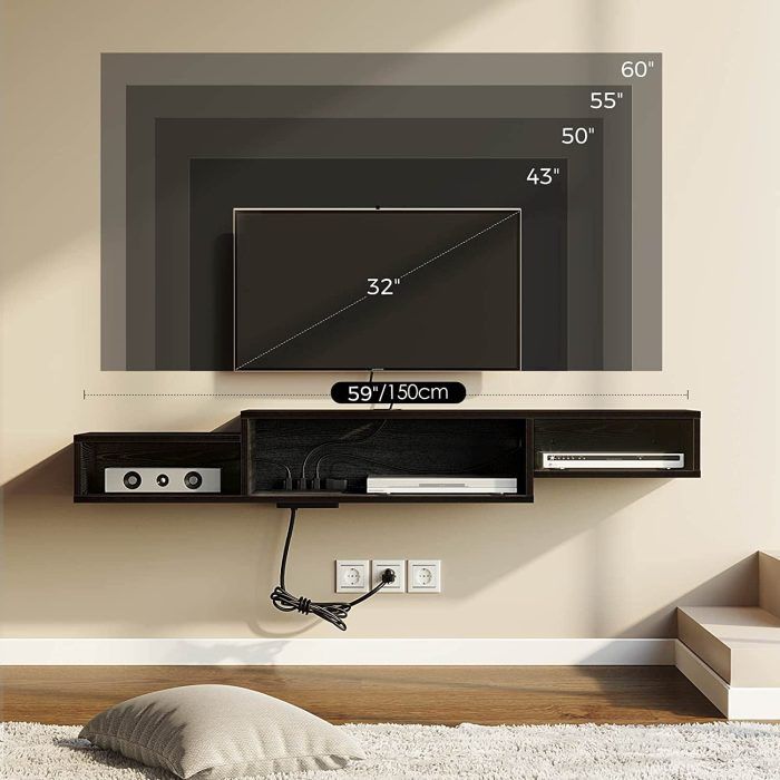 Floating Tv Stand With Power Outlet & Led Light, 59″ Wall Mounted Entertainment  Center With Storage, Media Console Shelf For Living Room, Bedroom, Under Tv  Shelf, Black – Built To Order, Made Throughout Led Tv Stands With Outlet (Photo 14 of 15)