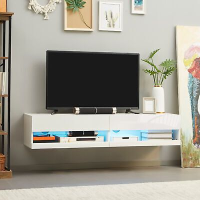 Floating Tv Unit Stand, Wall Mount Tv Cabinet With Storage Cupboards Led  Lights | Ebay Inside Wall Mounted Floating Tv Stands (View 15 of 15)