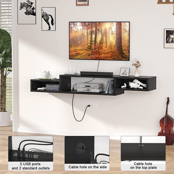 Floating Wall Mounted Entertainment Center With Power Outlet 59″ Retro Tv  Stands Component Shelf, Tv Media Console Shelf With Storage For 43 / 50 /  55/ 60 Inches Tv, Under Tv Shelf, With Regard To Top Shelf Mount Tv Stands (Photo 6 of 15)