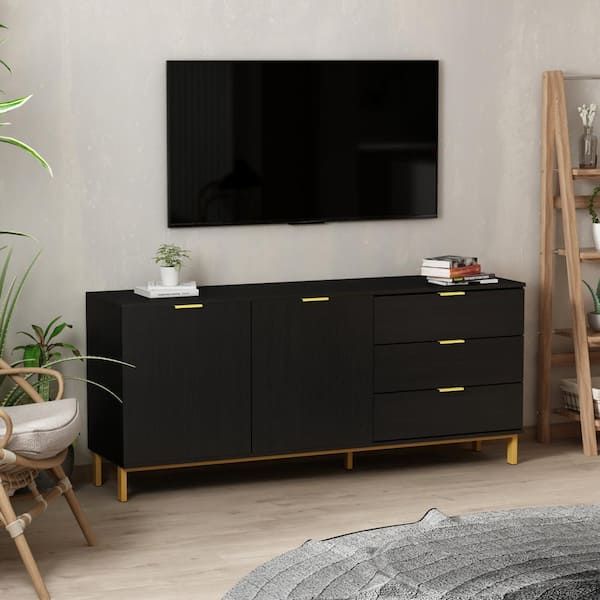 Fufu&gaga 62.9 In. Black Wood Tv Stand Entertainment Center With Storage  Cabinet And 3 Drawers Fits Tv's Up To 70 In (View 4 of 15)