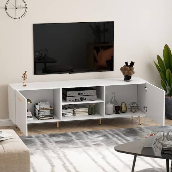Fufu&gaga 69 In. W White Wood Tv Stand Console Entertainment Center For Tv  Up To 75 In. Kf200051 02 – The Home Depot With Regard To White Tv Stands Entertainment Center (Photo 4 of 15)