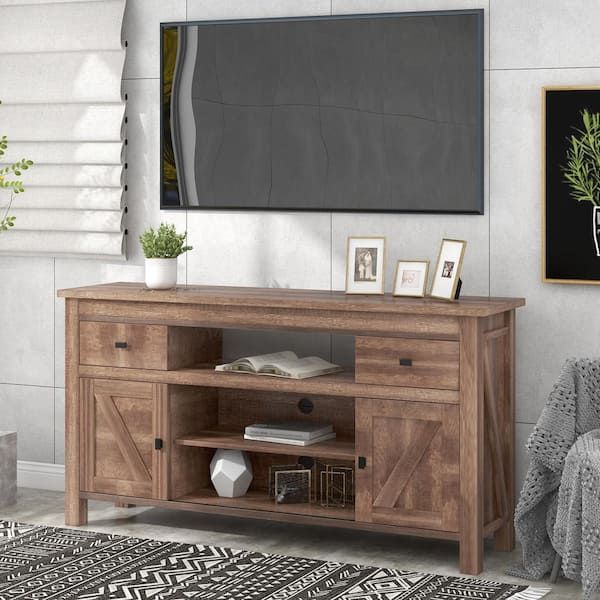 Godeer 57.90 In. Barnwood Tv Stand With 2 Drawers Fits Tv's Up To 65 In.  With Open Style Shelves Sliding Doors Aj627565eeh – The Home Depot With Regard To Tv Stands With 2 Doors And 2 Open Shelves (Photo 11 of 15)