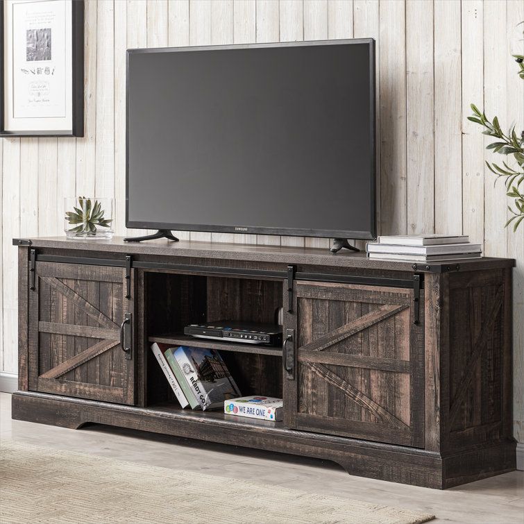 Gracie Oaks Bryndee Farmhouse 66" Tv Stand For 75 Inch Tv With Sliding Barn  Door, Adjustable Shelves For Living Room & Reviews | Wayfair In Farmhouse Stands With Shelves (View 10 of 15)