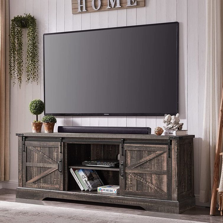 Gracie Oaks Bryndee Farmhouse 66" Tv Stand For 75 Inch Tv With Sliding Barn  Door, Adjustable Shelves For Living Room & Reviews | Wayfair Regarding Farmhouse Stands For Tvs (Photo 6 of 15)