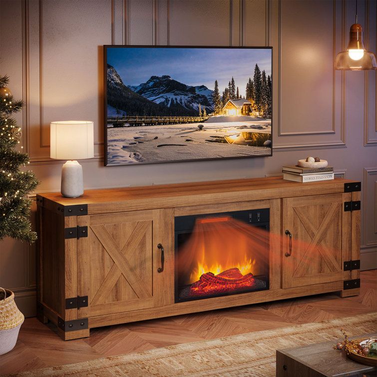Gracie Oaks Farmhouse Fireplace Tv Stand For 60 Inch Tv, Barn Door Electric  Fireplace Entertainment Center With 2 Cabinets, Media Console With  Adjustable Shelves Storage For Living Room & Reviews | Wayfair Throughout Farmhouse Stands With Shelves (Photo 14 of 15)