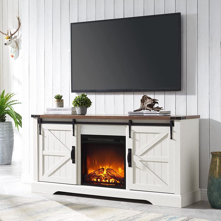 Gracie Oaks Farmhouse Tv Stand For 65 Inch Tv With 18" Electric Fireplace,  Sliding Barn Door, Adjustable Storage & Reviews | Wayfair In Farmhouse Tv Stands (View 4 of 15)
