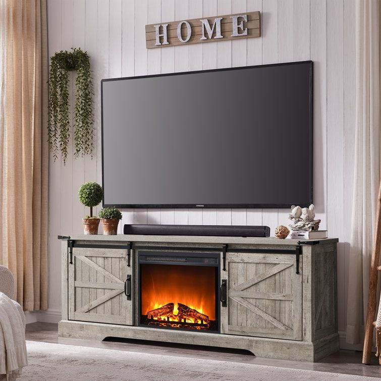 Gracie Oaks Makenli 66" Tv Stand For Tvs Up To 75" With 23" Electric  Fireplace Included & Reviews | Wayfair With Wood Highboy Fireplace Tv Stands (Photo 11 of 15)