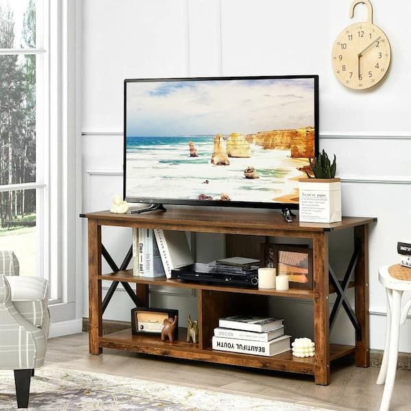 Gymax 47 In. W Rustic Brown Modern Farmhouse Tv Stand Entertainment Center  For Tv's Up To 55 In. With Open Shelves Gym08431 – The Home Depot Inside Modern Farmhouse Rustic Tv Stands (Photo 3 of 15)