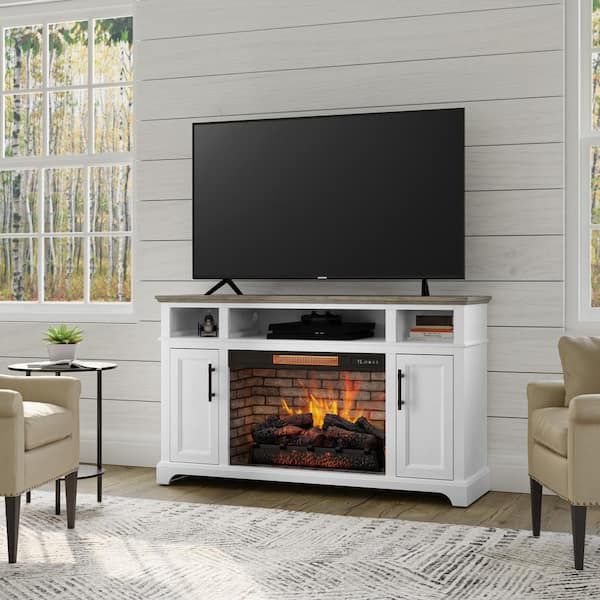 Home Decorators Collection Hillrose 52 In. Freestanding Electric Fireplace  Tv Stand In White With Rustic Taupe Oak Top 2240fm 26 201 – The Home Depot Within Electric Fireplace Tv Stands (Photo 1 of 15)