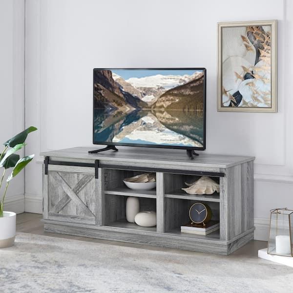 Homestock 47 In. Gray Low Profile Tv Stand Sliding Barn Door Tv Stand For  50 In. Tv Farmhouse Tv Stand Modern Mid Century Tv Stand 99777 – The Home  Depot With Regard To Modern Farmhouse Barn Tv Stands (Photo 10 of 15)