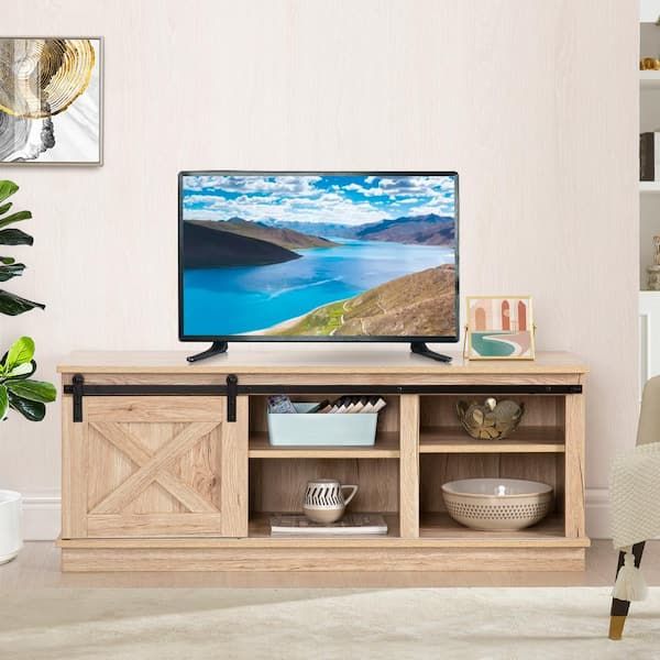 Homestock 47 In. Natural Low Profile Tv Stand Sliding Barn Door Tv Stand  For 50 In. Tv Farmhouse Stand Modern Mid Century Tv Stand 99778 – The Home  Depot Within Modern Farmhouse Barn Tv Stands (Photo 2 of 15)