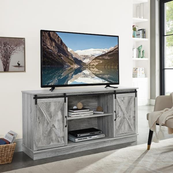 Homestock 58 In. Gray Farmhouse Tv Stand, Rustic Wooden 60 In (View 2 of 15)