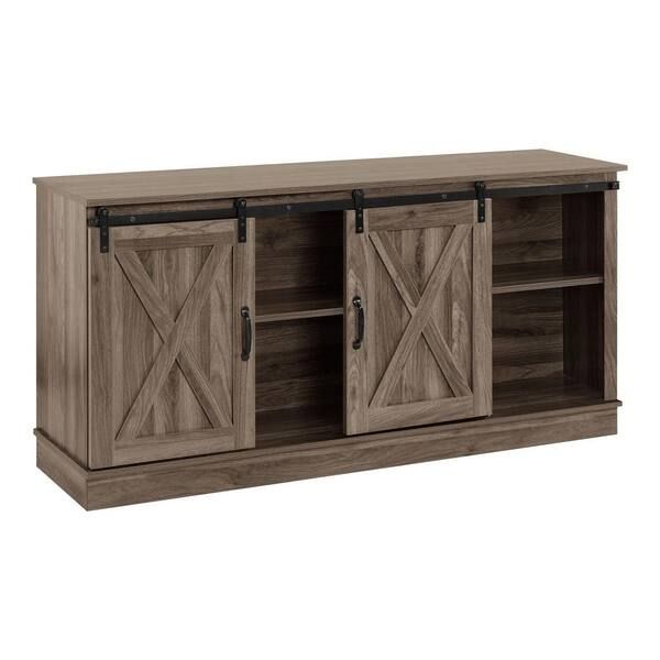Homestock 58 In. Mocha Farmhouse Tv Stand, Rustic Wooden 60 In. Tv Console  Cabinet With Sliding Barn Doors Entertainment Center 77716 – The Home Depot In Farmhouse Media Entertainment Centers (Photo 14 of 15)