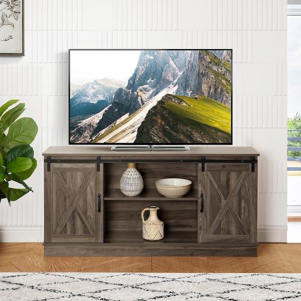 Homestock 58 In. Mocha Farmhouse Tv Stand, Rustic Wooden 60 In (View 6 of 15)