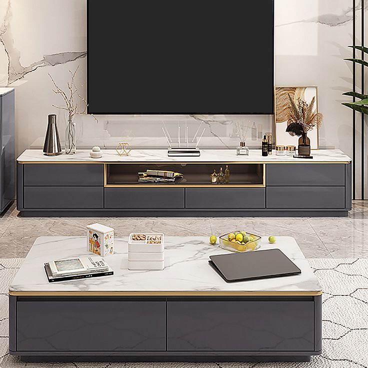 Italian Black Tv Stand Faux Marble Top 6 Drawer Media Console | Tv Cabinet  Wall Design, Tv Unit Interior Design, Tv Console Design Throughout Black Marble Tv Stands (Photo 13 of 15)