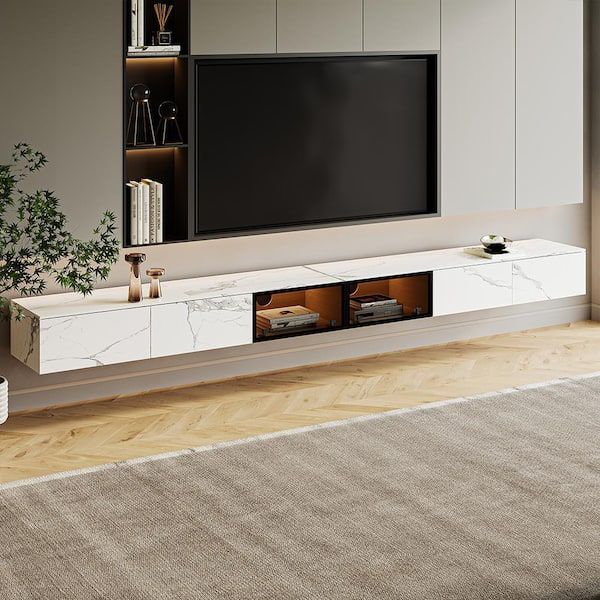 J&e Home 110.24 In.white Wall Mounted Marble Floating Tv Stand Fits Tv's Up  To 100 In. With Motion Sensor Led Light And Drawer Pvs Ts 01jyjkqm – The  Home Depot Intended For Wall Mounted Floating Tv Stands (Photo 12 of 15)
