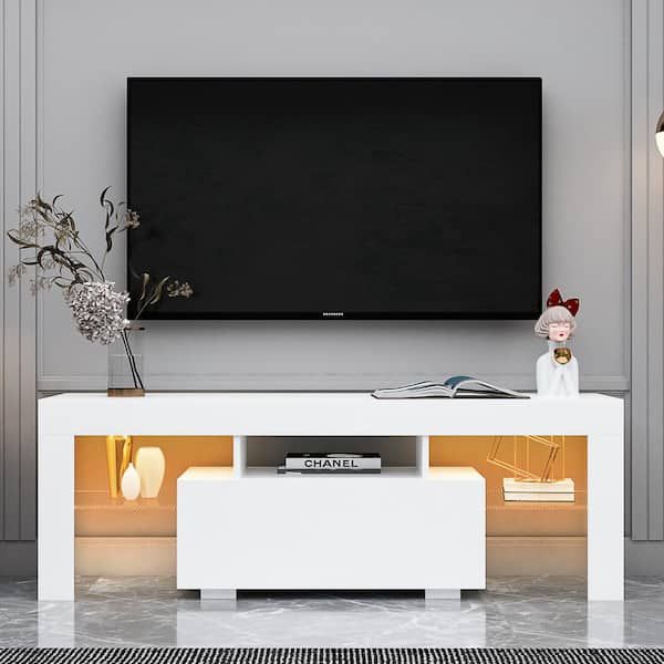 J&e Home 51.18 In. White Tv Stand Tv Cabinet With Led Rgb Lights Fits Tv's  Up To 55 In Gd W33115869 – The Home Depot With Regard To Rgb Tv Entertainment Centers (Photo 14 of 15)