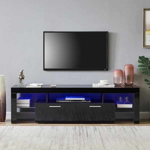 J&e Home 63 In. Black Modern Tv Stand With Led Lights And 2 Storage Drawers  Fits Tv's Up To 65 In Gd W67933435 – The Home Depot Regarding Tv Stands With Lights (Photo 7 of 15)