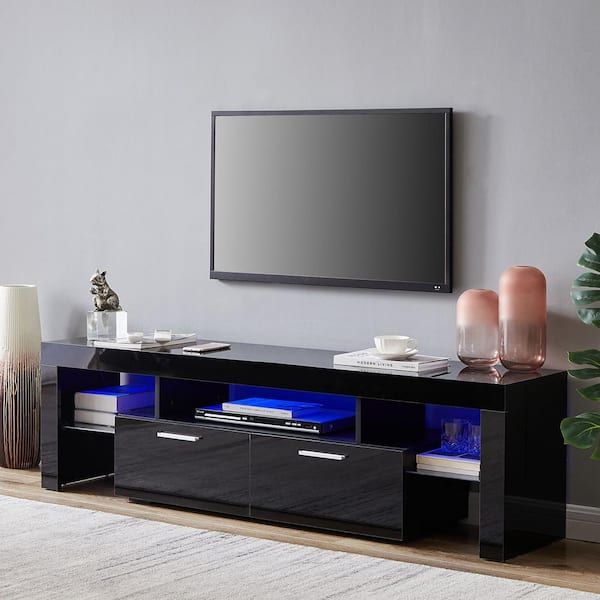 J&e Home 63 In. Black Modern Tv Stand With Led Lights And 2 Storage Drawers  Fits Tv's Up To 65 In Gd W67933435 – The Home Depot Throughout Modern Stands With Shelves (Photo 3 of 15)