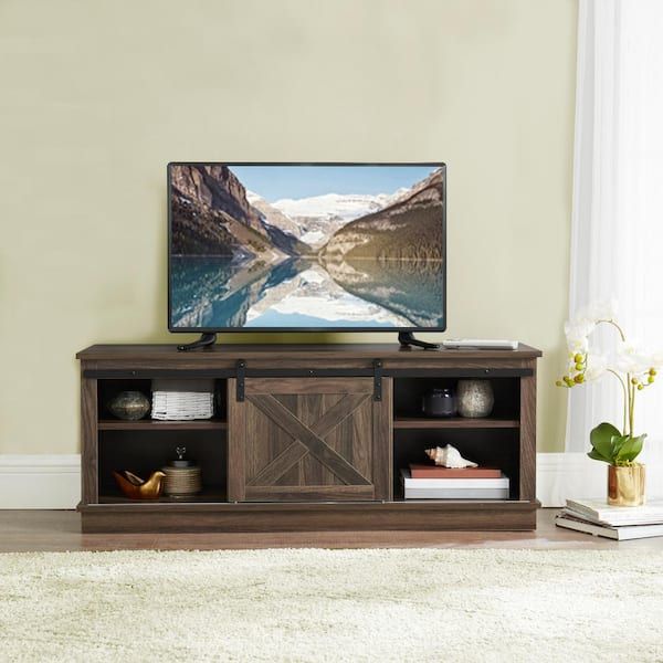 Maykoosh Mocha Cream Farmhouse Tv Stand Fits Tvs Up To 50 In. With Sliding  Barn Door And Storage Shelves 53890mk – The Home Depot With Farmhouse Tv Stands For 70 Inch Tv (Photo 11 of 15)