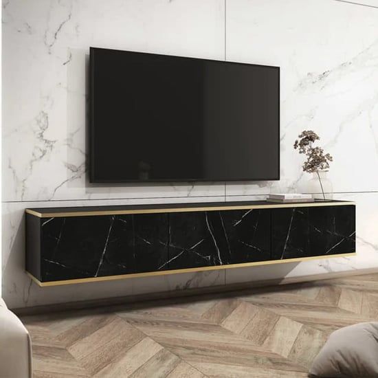 Mexico Floating Wooden Tv Stand 3 Doors In Black Marble Effect | Furniture  In Fashion Pertaining To Black Marble Tv Stands (Photo 9 of 15)
