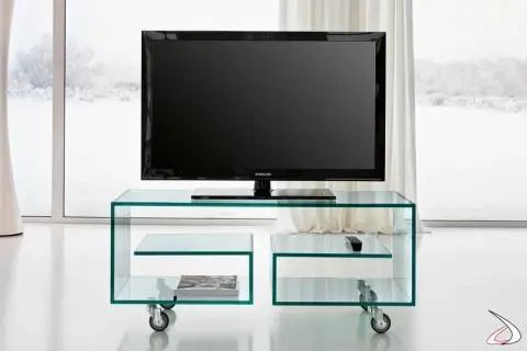 Modern And Elegant Flo Tv Stand In Glass With Wheels And Glass Shelves |  Toparredi Pertaining To Stand For Flat Screen (View 9 of 15)