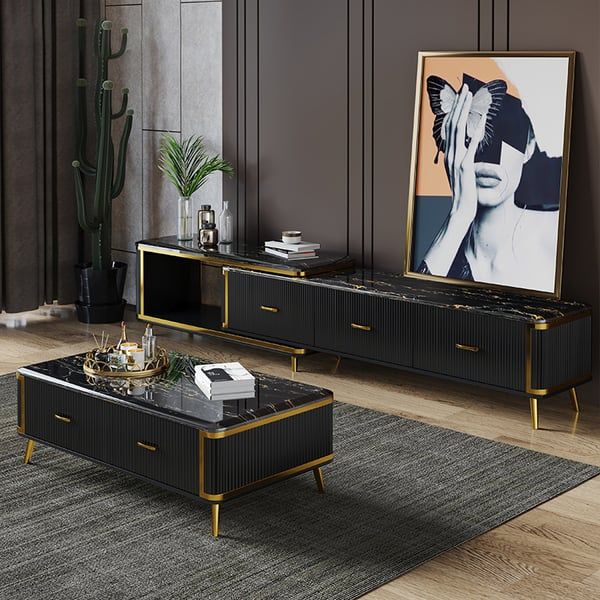Modern Black Tv Stand Faux Marble Top Luxury Extendable Media Console With  3 Drawers | Homary Uk Pertaining To Black Marble Tv Stands (Photo 5 of 15)